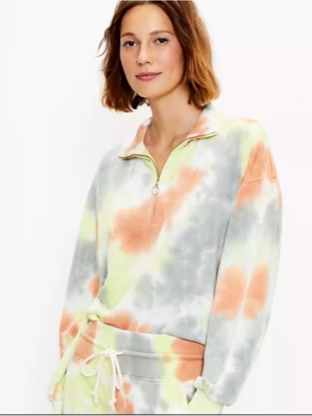 Lou & Grey Pastel Tie-Dye Quarter Zip Pullover — Orange, Lime & Gray